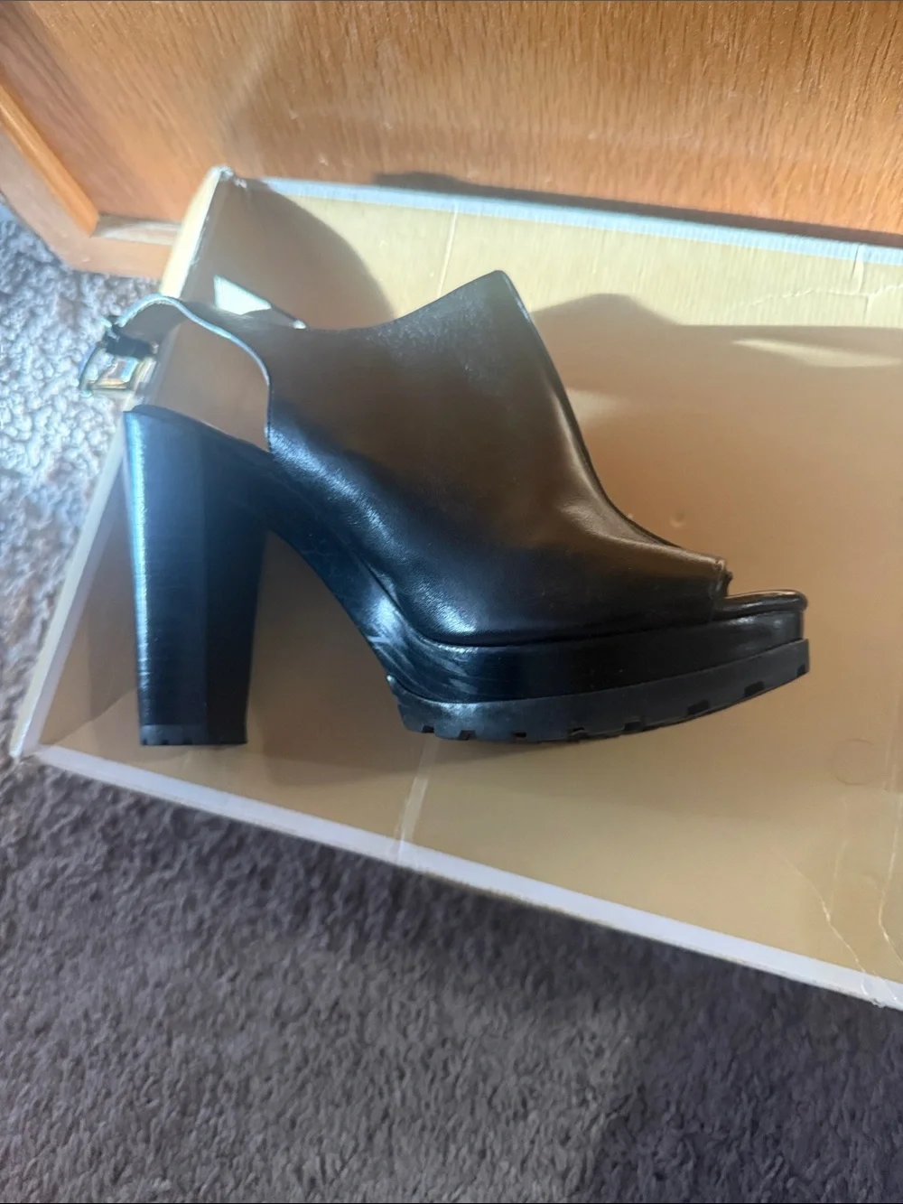 Michael Kors Black Leather Peep-Toe Slingback Heels